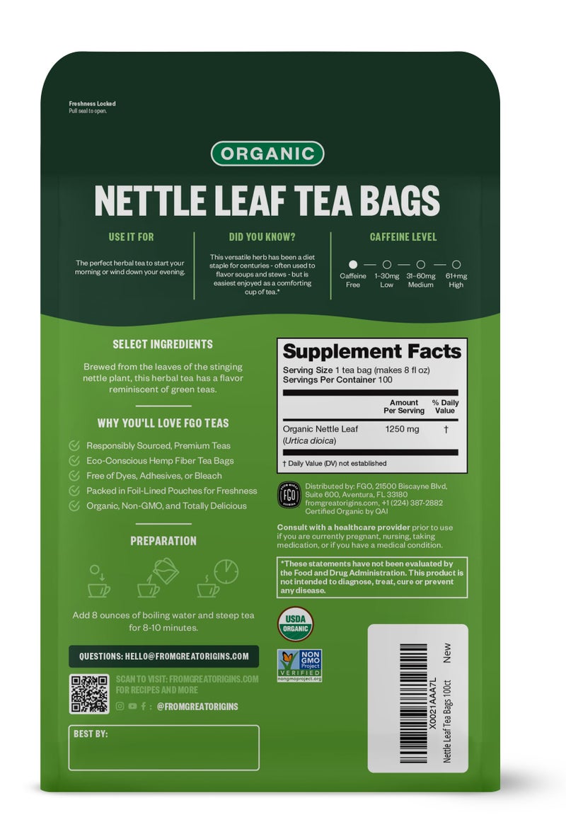 FGO Organic Nettle Leaf Tea, 100 Count, Eco-Conscious Tea Bags, Caffeine Free, Resealable Bag, Packaging May Vary (Pack of 1) - Image 2